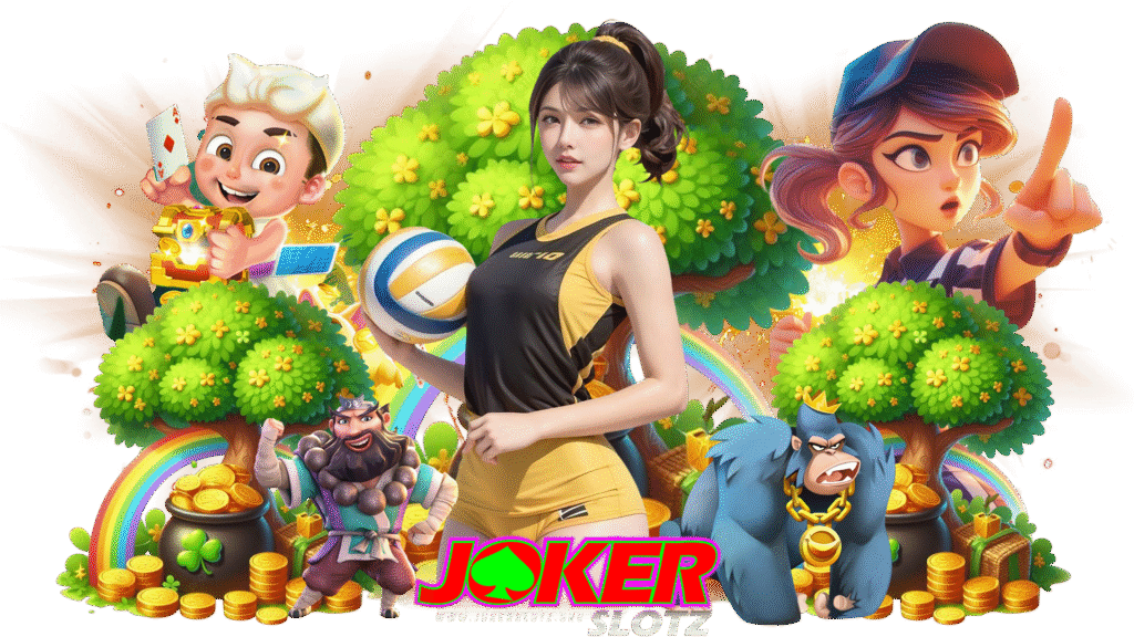 ภาพโปรโมต Jokerslotz 999 บนฉากหลังสีดำ โลโก้ JOKER SLOTZ พร้อม URL jokerslotz.org อยู่ด้านล่างกลาง กลางภาพเป็นนักกีฬาหญิงชุดเหลือง‑ดำถือวอลเลย์บอล รายล้อมด้วยต้นไม้สีเขียวที่อัดแน่นด้วยเหรียญทอง หม้อทองรูปใบโคลเวอร์ และสายรุ้งพาดผ่าน มีตัวละครการ์ตูนหลากหลาย ได้แก่ ชายถือไพ่และหีบสมบัติ นักรบสไตล์ตะวันออก และกอริลลาสวมมงกุฎพร้อมสร้อยทอง กองเหรียญและของขวัญวางเต็มพื้น สื่อถึงความโชคดี รางวัลใหญ่ และความสนุกในเกมสล็อตของแบรนด์ Jokerslotz 999.